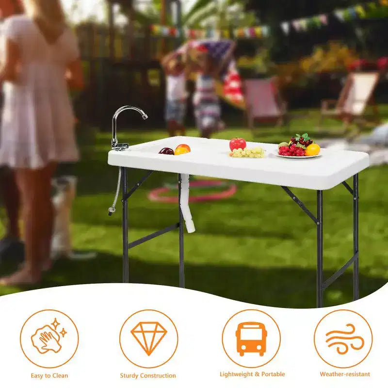 Table de camping pliante d'extérieur rectangulaire avec évier