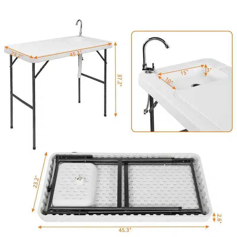 Table de camping pliante d'extérieur rectangulaire avec évier