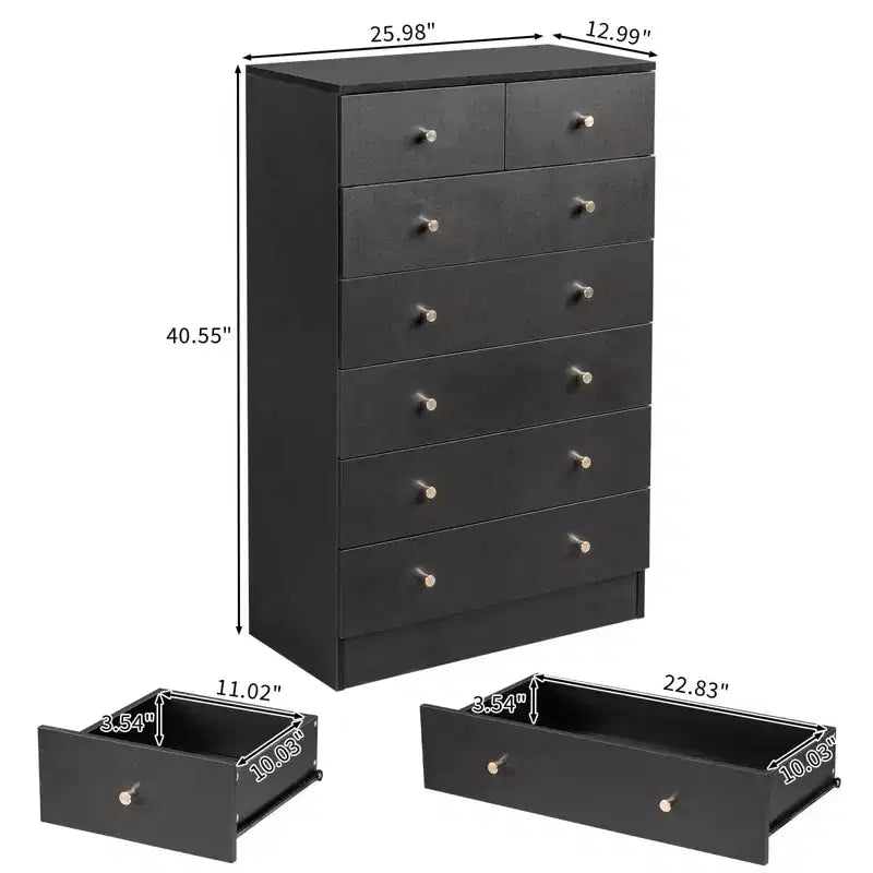 Commode à 7 tiroirs en panneau de particules noir de 66 cm de large