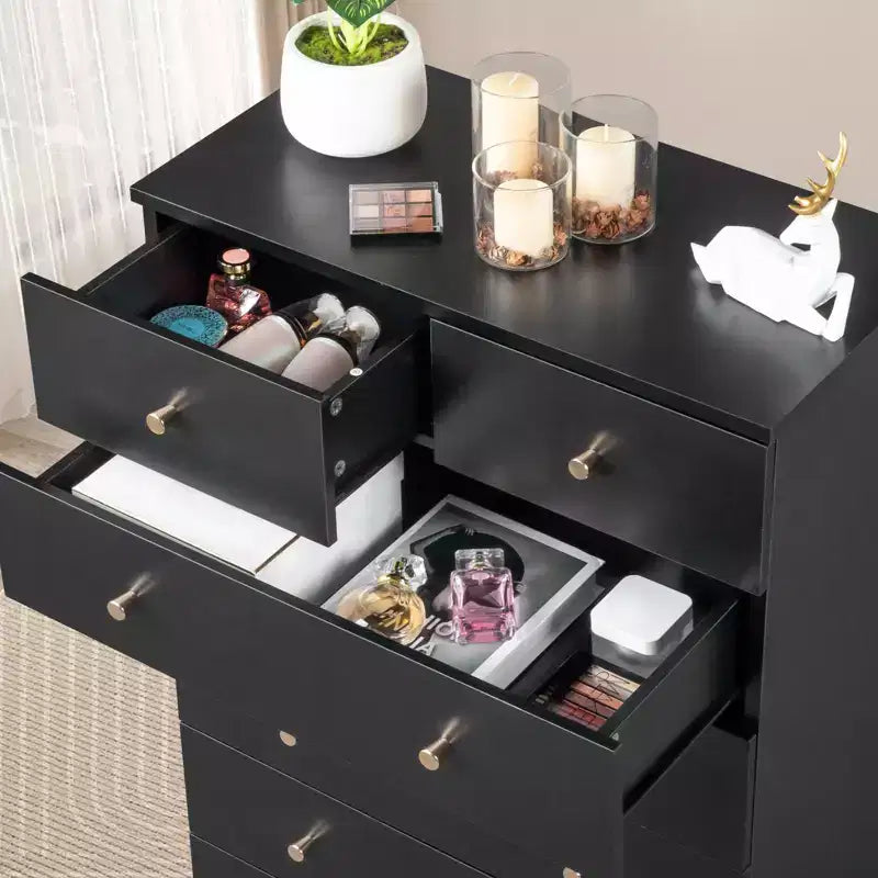 Commode à 7 tiroirs en panneau de particules noir de 66 cm de large