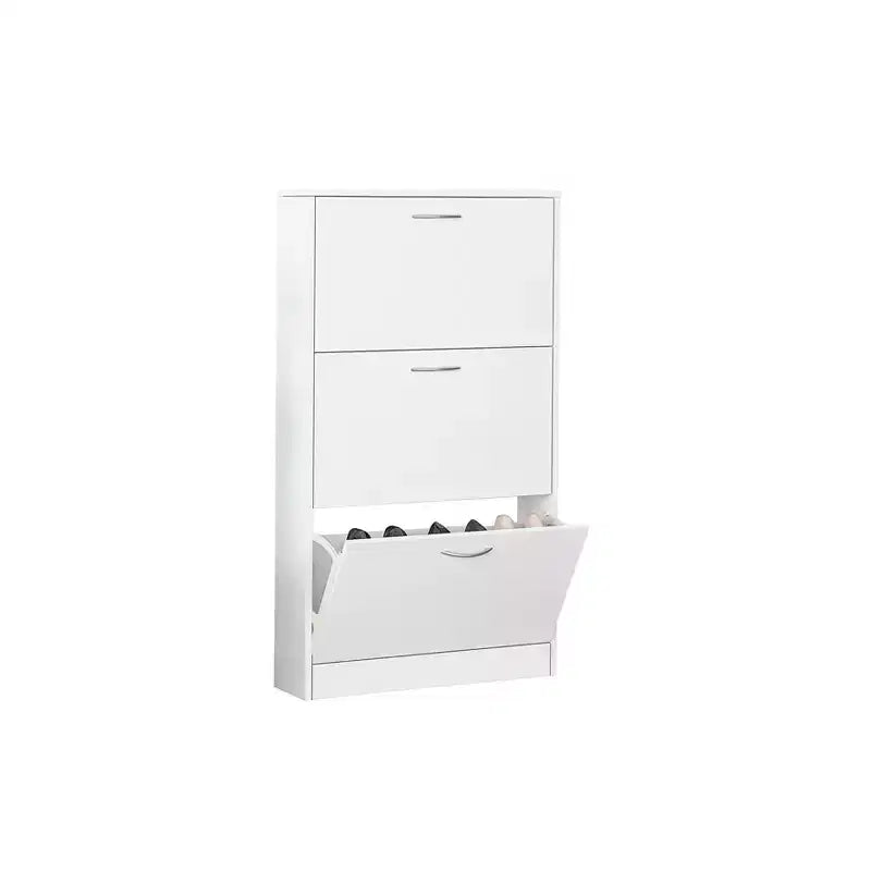 Meuble à chaussures 3 tiroirs basculants en panneaux de particules blancs 58 cm L