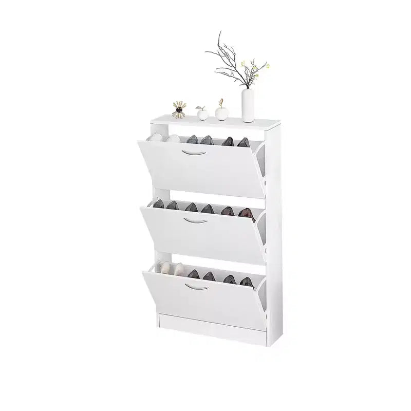 Meuble à chaussures 3 tiroirs basculants en panneaux de particules blancs 58 cm L