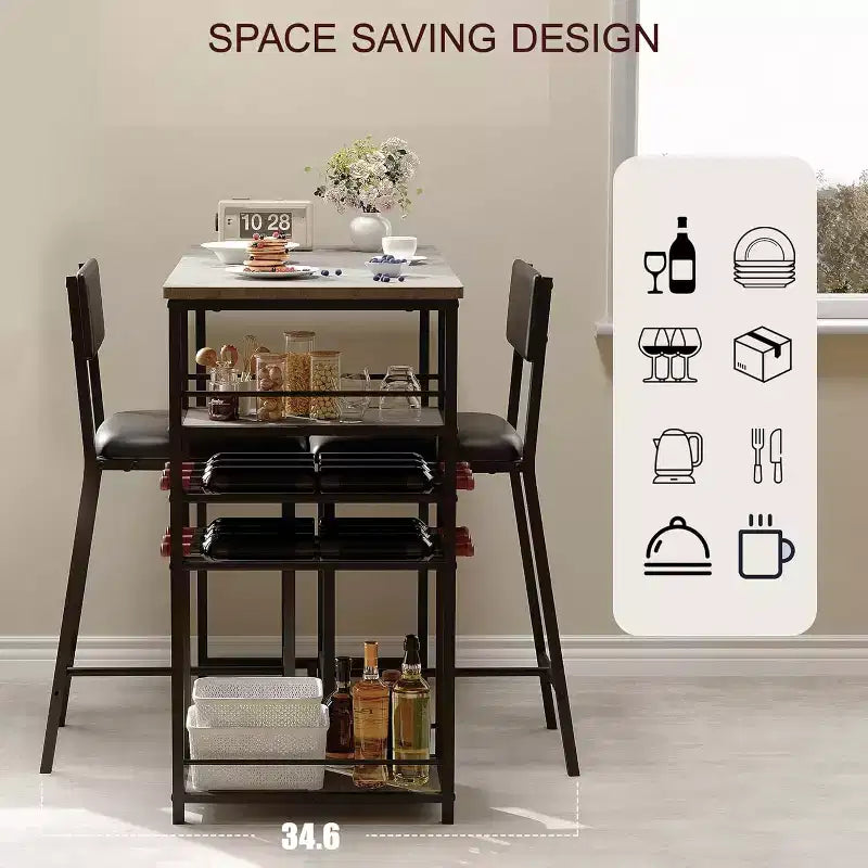 Ensemble de salle à manger hauteur comptoir pour 2 avec étagères de rangement Table de bistrot et chaises rembourrées, Ensemble de cuisine compact pour appartements