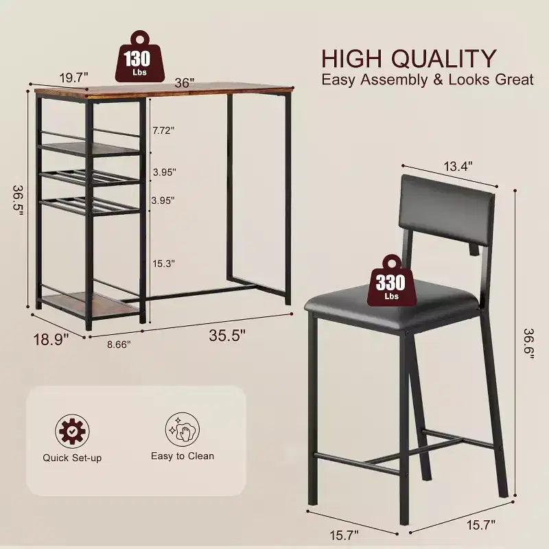 Ensemble de salle à manger hauteur comptoir pour 2 avec étagères de rangement Table de bistrot et chaises rembourrées, Ensemble de cuisine compact pour appartements