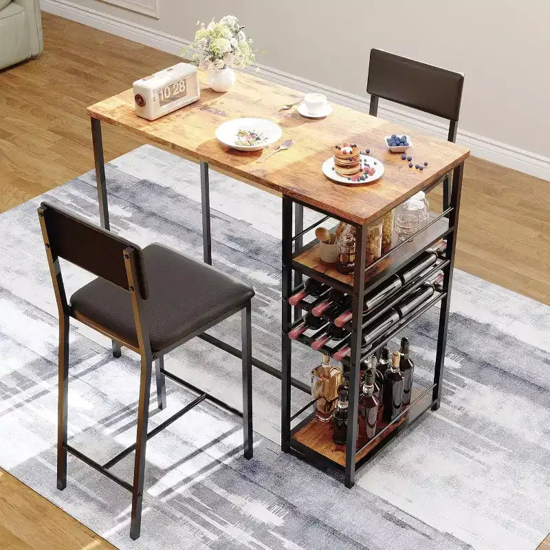 Ensemble de salle à manger hauteur comptoir pour 2 avec étagères de rangement Table de bistrot et chaises rembourrées, Ensemble de cuisine compact pour appartements