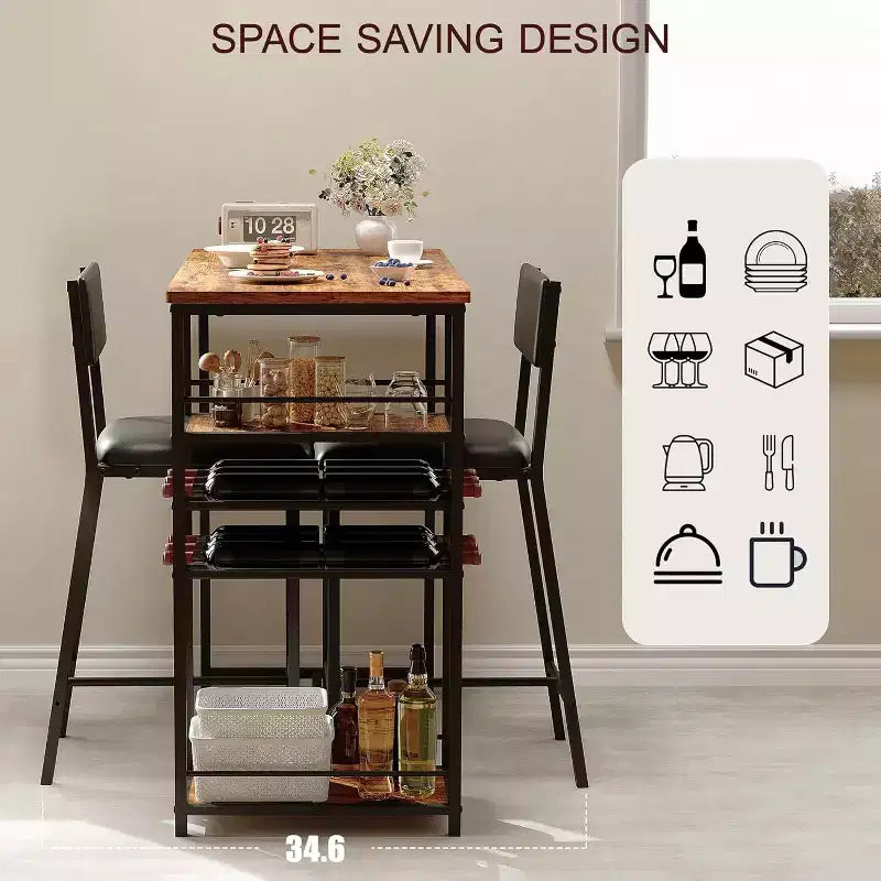 Ensemble de salle à manger hauteur comptoir pour 2 avec étagères de rangement Table de bistrot et chaises rembourrées, Ensemble de cuisine compact pour appartements