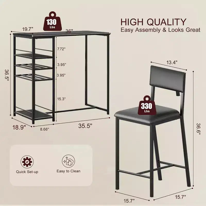 Ensemble de salle à manger hauteur comptoir pour 2 avec étagères de rangement Table de bistrot et chaises rembourrées, Ensemble de cuisine compact pour appartements