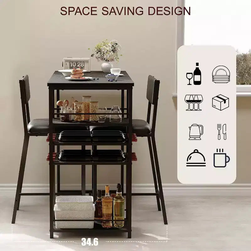 Ensemble de salle à manger hauteur comptoir pour 2 avec étagères de rangement Table de bistrot et chaises rembourrées, Ensemble de cuisine compact pour appartements