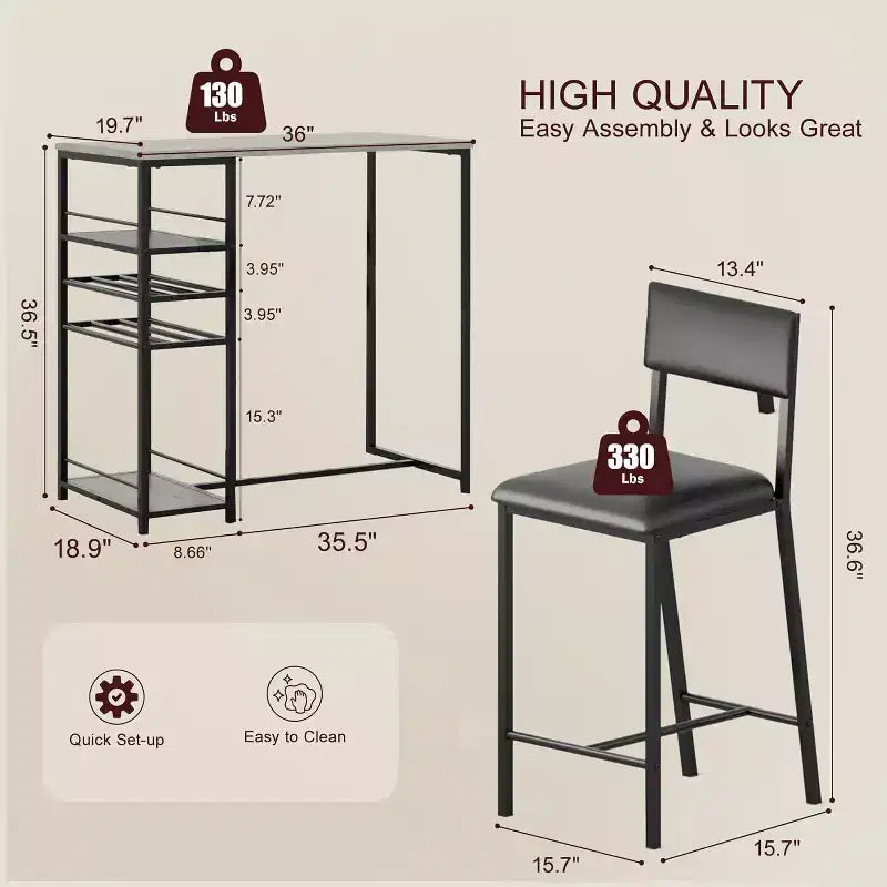 Ensemble de salle à manger hauteur comptoir pour 2 avec étagères de rangement Table de bistrot et chaises rembourrées, Ensemble de cuisine compact pour appartements