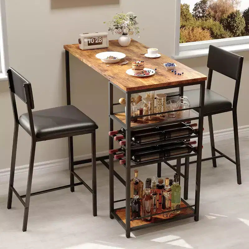 Ensemble de salle à manger hauteur comptoir pour 2 avec étagères de rangement Table de bistrot et chaises rembourrées, Ensemble de cuisine compact pour appartements
