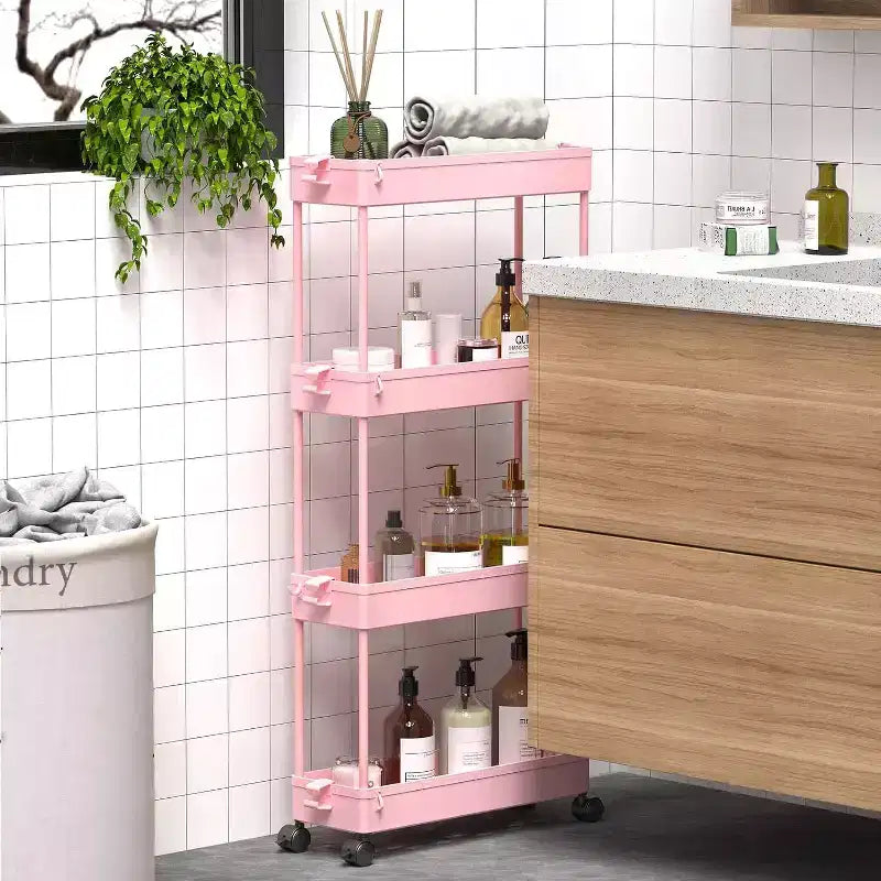Chariot de rangement rose mince à 4 niveaux sur roulettes - Organiseur mobile multifonctionnel