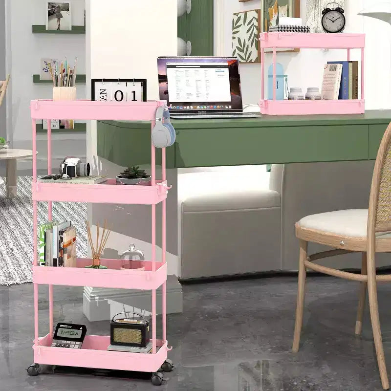 Chariot de rangement rose mince à 4 niveaux sur roulettes - Organiseur mobile multifonctionnel