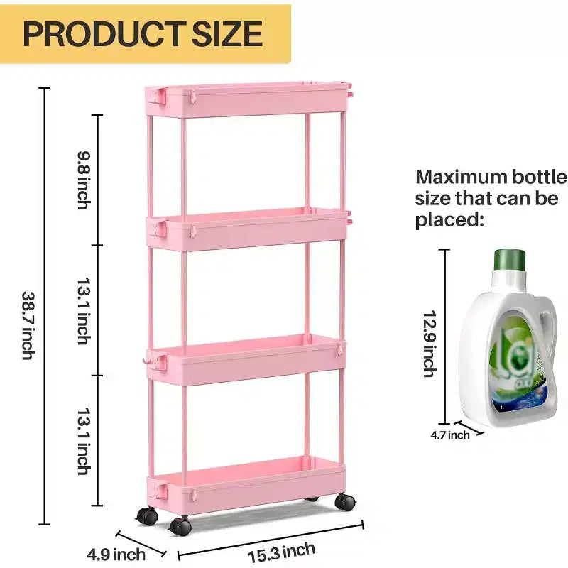 Chariot de rangement rose mince à 4 niveaux sur roulettes - Organiseur mobile multifonctionnel