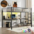 Twin XL/Full Metal Loft Bed with Power Outlet &amp; LED Lights, Space-Saving Desk &amp; Noise-Reduced Design, Black - CPC Certified - ModernLuxe