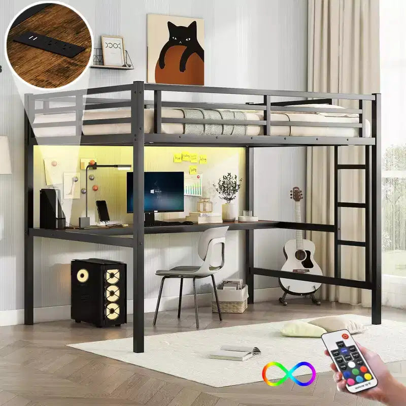 Twin XL/Full Metal Loft Bed with Power Outlet &amp; LED Lights, Space-Saving Desk &amp; Noise-Reduced Design, Black - CPC Certified - ModernLuxe