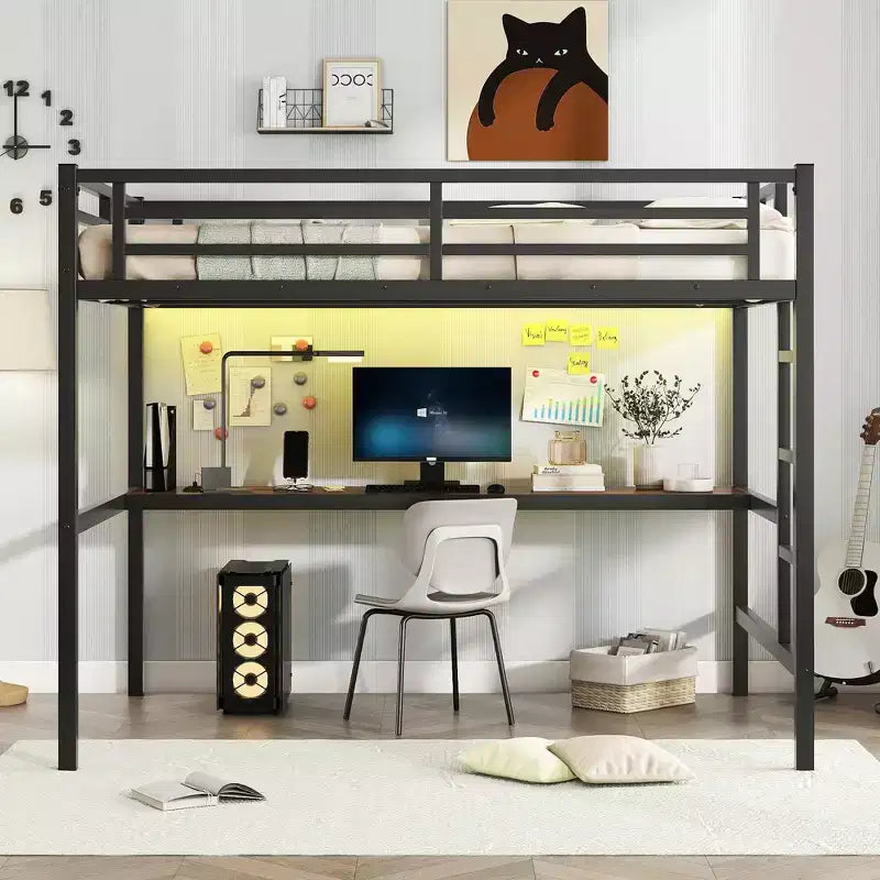 Lit mezzanine XL/entièrement métallique avec prise de courant et lumières LED, bureau peu encombrant et design à réduction de bruit, noir