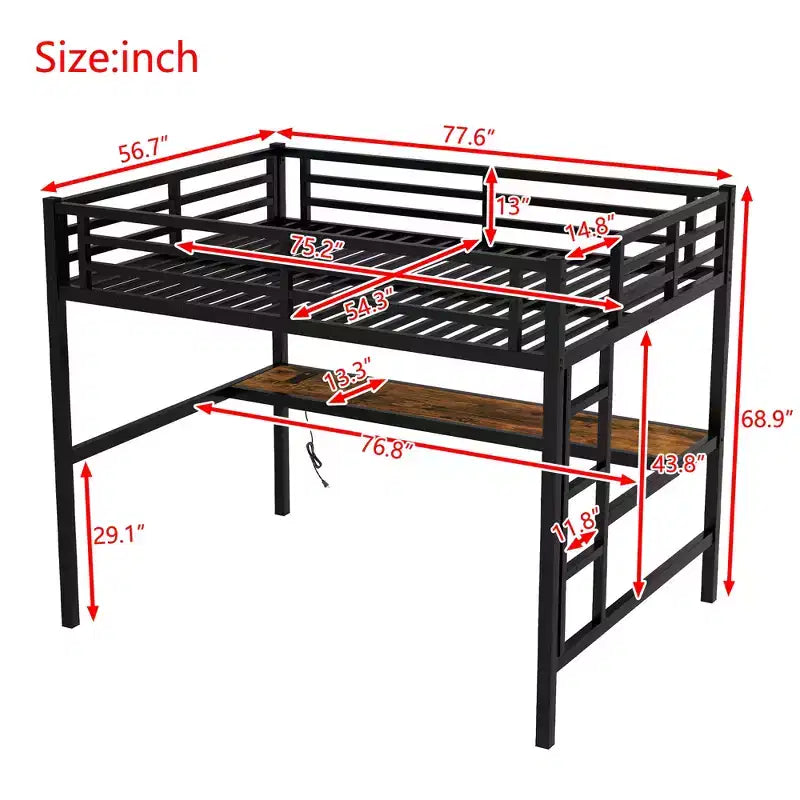 Lit mezzanine XL/entièrement métallique avec prise de courant et lumières LED, bureau peu encombrant et design à réduction de bruit, noir