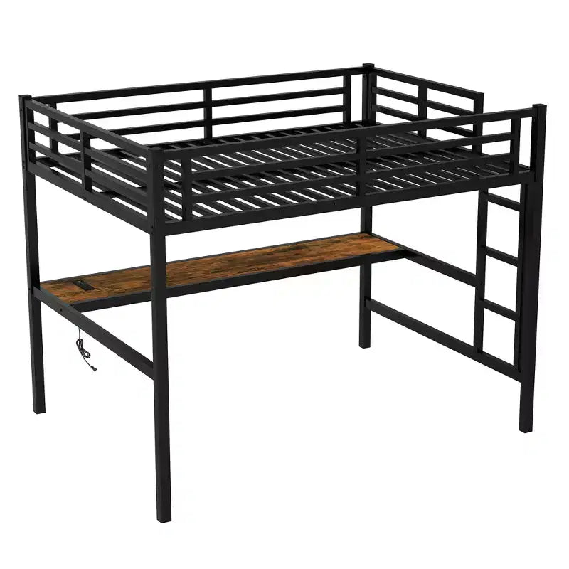 Lit mezzanine XL/entièrement métallique avec prise de courant et lumières LED, bureau peu encombrant et design à réduction de bruit, noir
