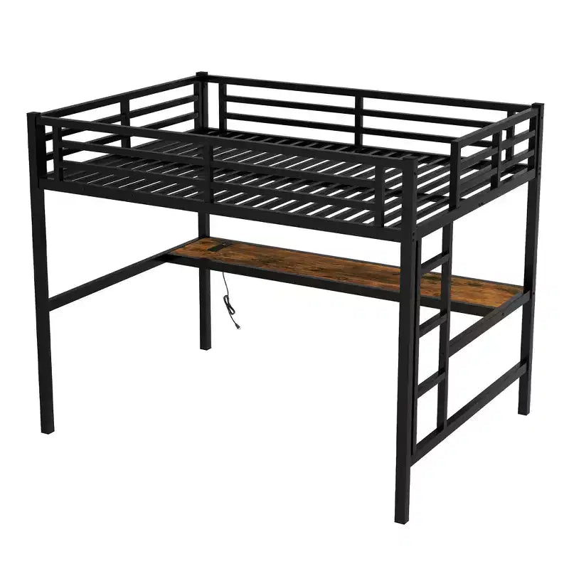 Lit mezzanine XL/entièrement métallique avec prise de courant et lumières LED, bureau peu encombrant et design à réduction de bruit, noir