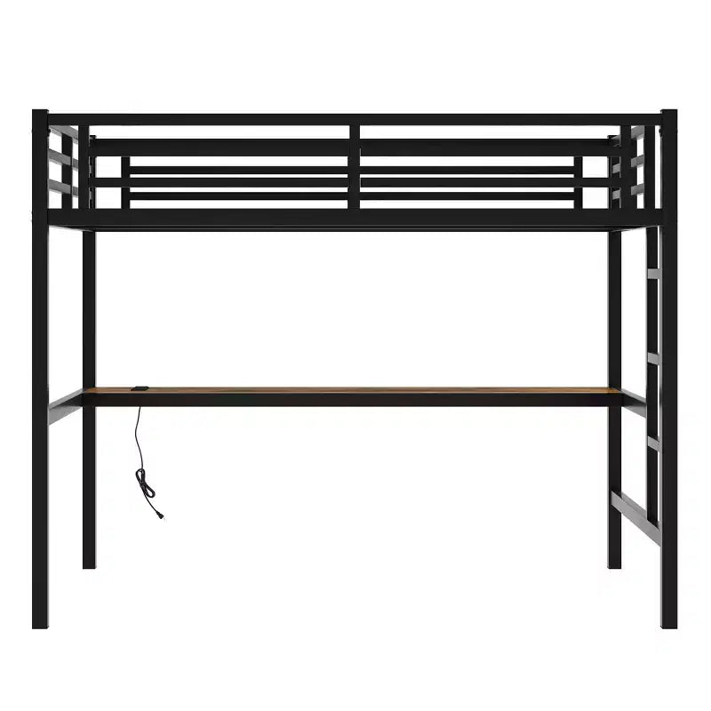 Lit mezzanine XL/entièrement métallique avec prise de courant et lumières LED, bureau peu encombrant et design à réduction de bruit, noir