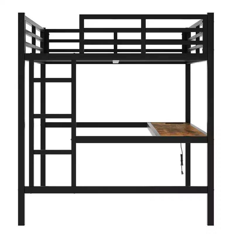 Lit mezzanine XL/entièrement métallique avec prise de courant et lumières LED, bureau peu encombrant et design à réduction de bruit, noir