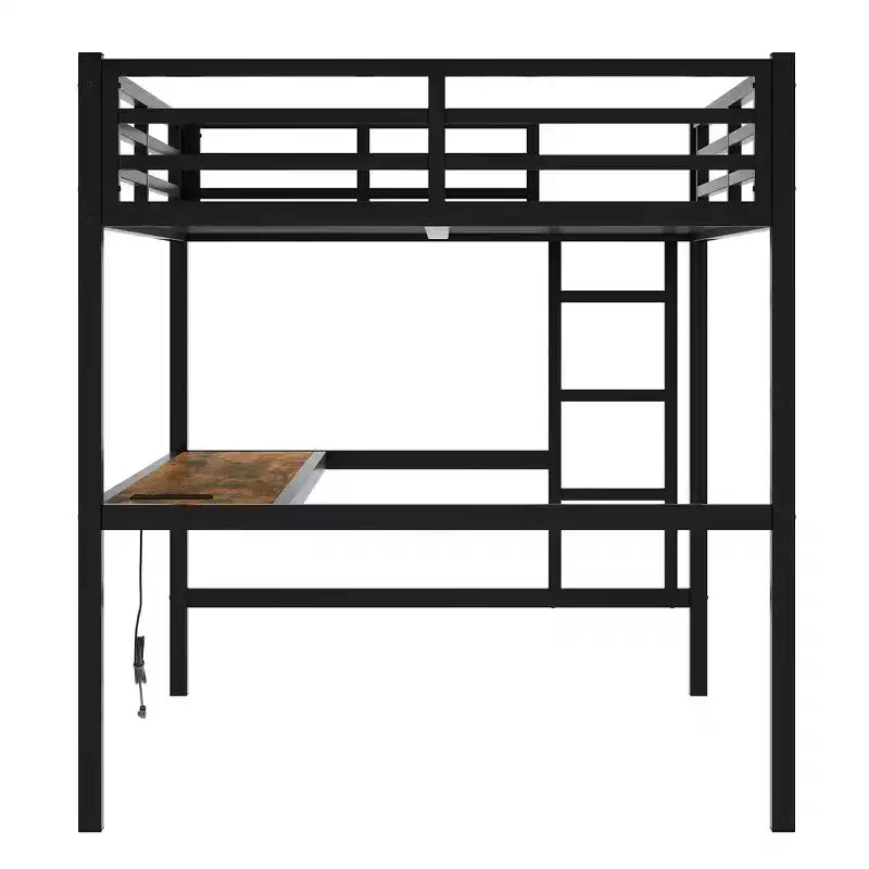 Lit mezzanine XL/entièrement métallique avec prise de courant et lumières LED, bureau peu encombrant et design à réduction de bruit, noir