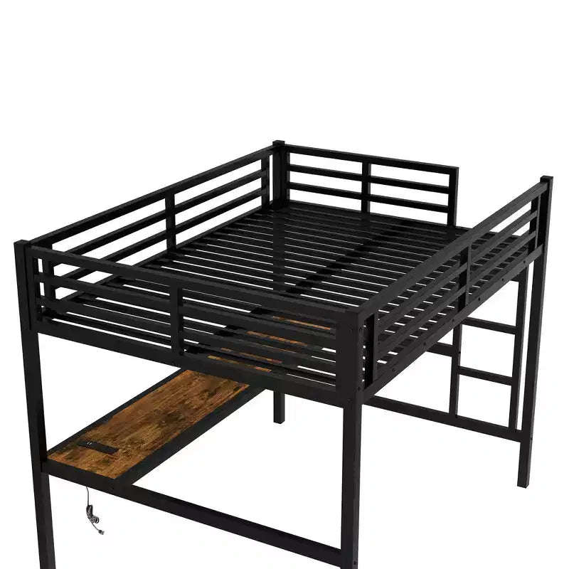 Lit mezzanine XL/entièrement métallique avec prise de courant et lumières LED, bureau peu encombrant et design à réduction de bruit, noir