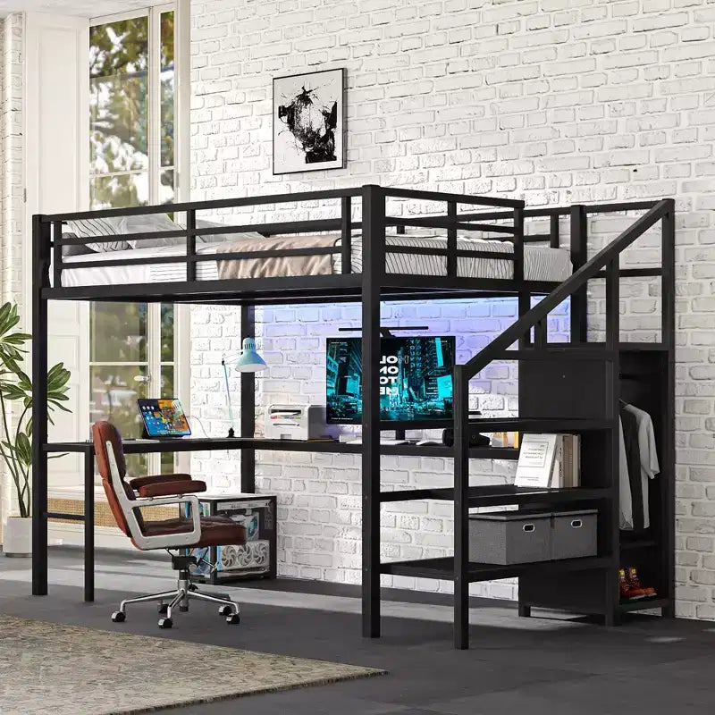 Full/Queen Metal Loft Bed with L-Shaped Desk &amp; USB, Loft Bed Frame with Wardrobe, Adjustable Shelf &amp; LED Lights, Black/Off-White - ModernLuxe