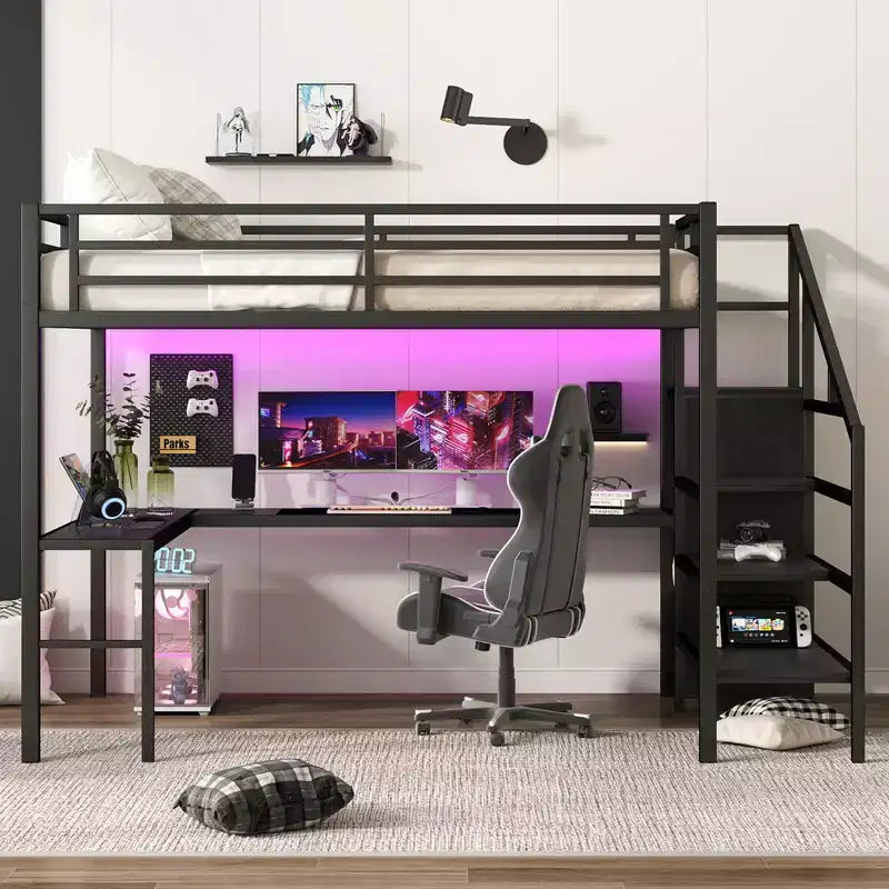 Lit mezzanine en métal pour lit double/grand lit avec bureau en L et port USB, cadre de lit mezzanine avec armoire, étagère réglable et lumières LED, noir/blanc cassé