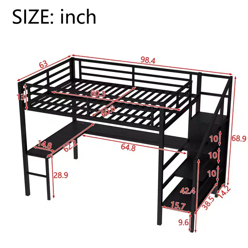 Lit mezzanine en métal pour lit double/grand lit avec bureau en L et port USB, cadre de lit mezzanine avec armoire, étagère réglable et lumières LED, noir/blanc cassé