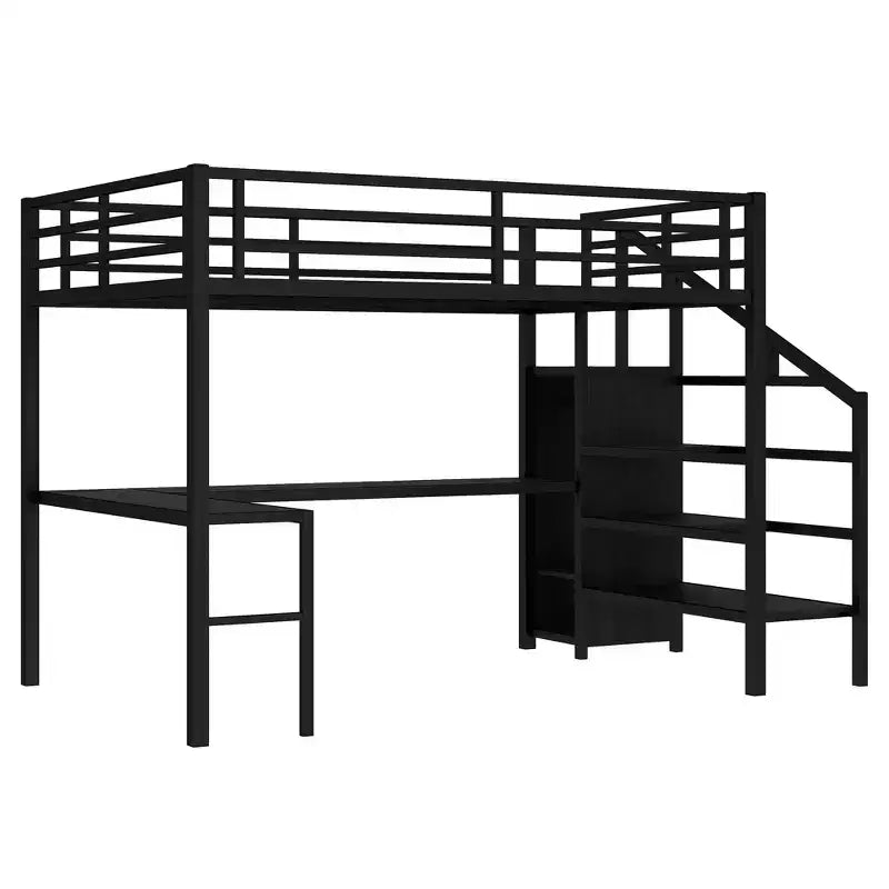Lit mezzanine en métal pour lit double/grand lit avec bureau en L et port USB, cadre de lit mezzanine avec armoire, étagère réglable et lumières LED, noir/blanc cassé