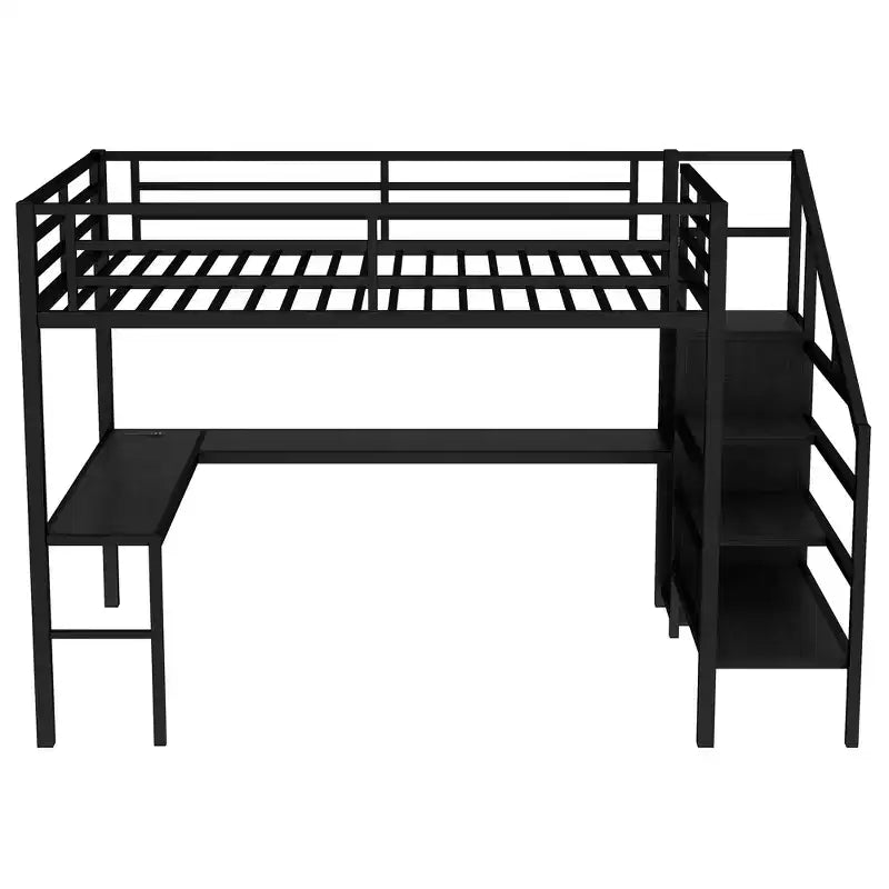 Lit mezzanine en métal pour lit double/grand lit avec bureau en L et port USB, cadre de lit mezzanine avec armoire, étagère réglable et lumières LED, noir/blanc cassé