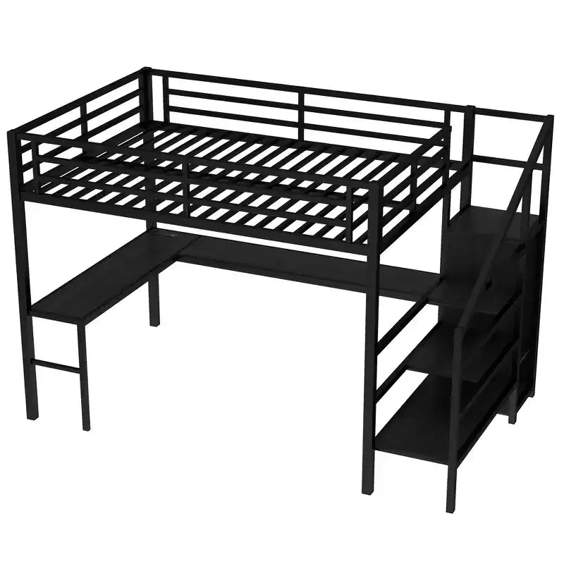 Lit mezzanine en métal pour lit double/grand lit avec bureau en L et port USB, cadre de lit mezzanine avec armoire, étagère réglable et lumières LED, noir/blanc cassé