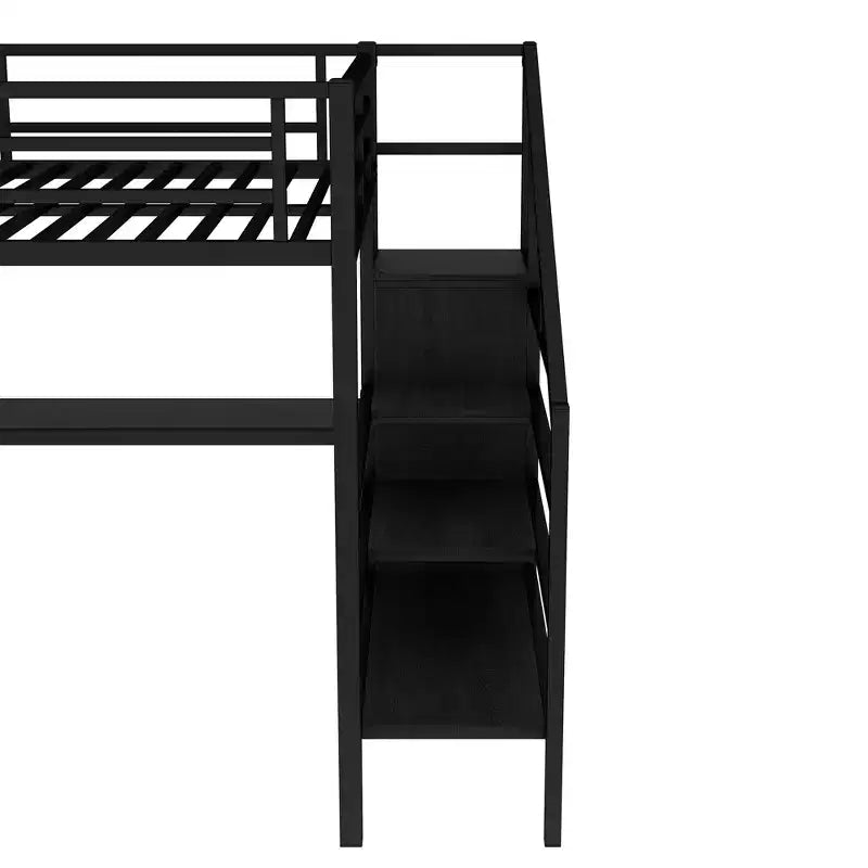 Lit mezzanine en métal pour lit double/grand lit avec bureau en L et port USB, cadre de lit mezzanine avec armoire, étagère réglable et lumières LED, noir/blanc cassé