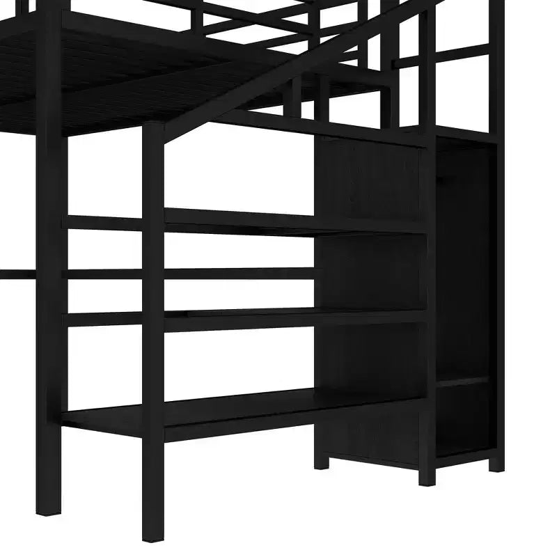 Lit mezzanine en métal pour lit double/grand lit avec bureau en L et port USB, cadre de lit mezzanine avec armoire, étagère réglable et lumières LED, noir/blanc cassé