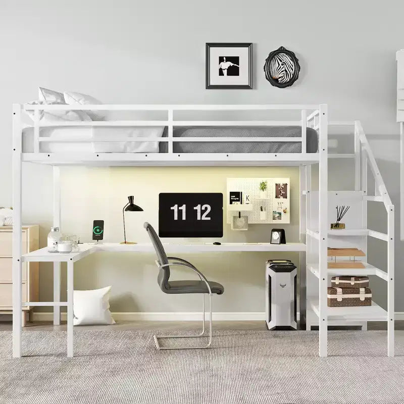 Lit mezzanine en métal pour lit double/grand lit avec bureau en L et port USB, cadre de lit mezzanine avec armoire, étagère réglable et lumières LED, noir/blanc cassé