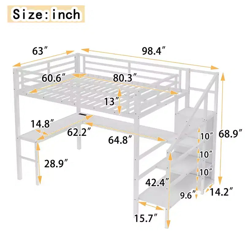 Lit mezzanine en métal pour lit double/grand lit avec bureau en L et port USB, cadre de lit mezzanine avec armoire, étagère réglable et lumières LED, noir/blanc cassé