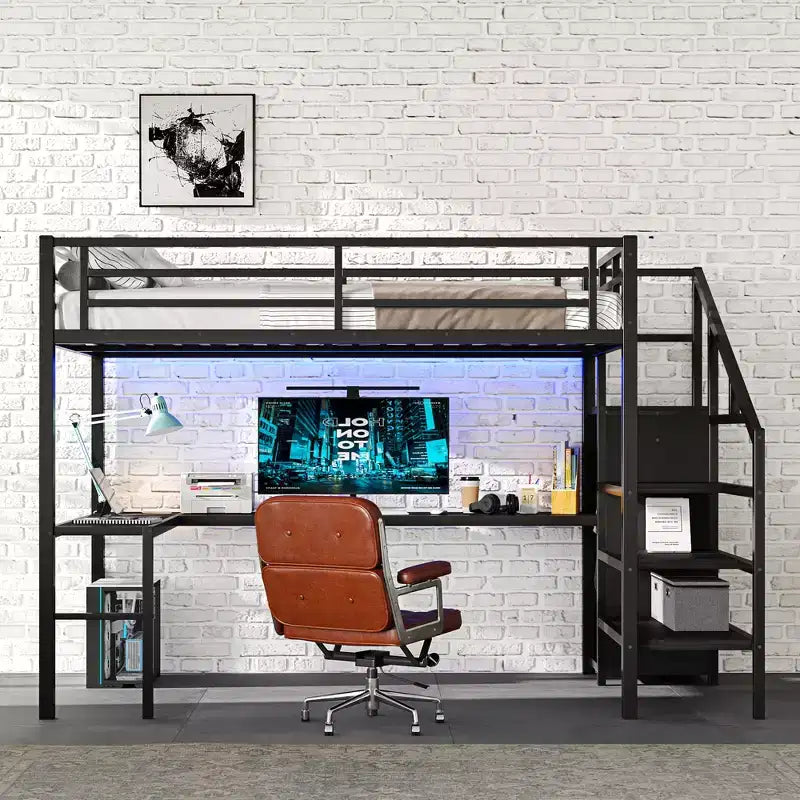 Lit mezzanine en métal pour lit double/grand lit avec bureau en L et port USB, cadre de lit mezzanine avec armoire, étagère réglable et lumières LED, noir/blanc cassé