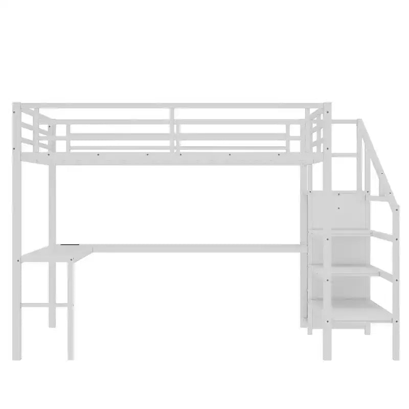 Lit mezzanine en métal pour lit double/grand lit avec bureau en L et port USB, cadre de lit mezzanine avec armoire, étagère réglable et lumières LED, noir/blanc cassé