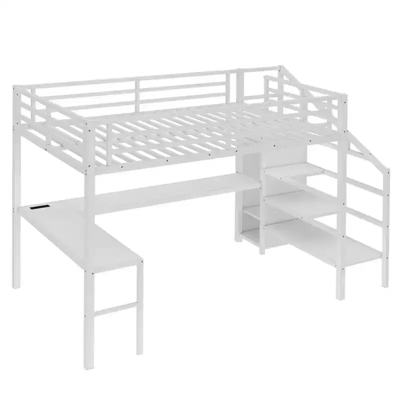 Lit mezzanine en métal pour lit double/grand lit avec bureau en L et port USB, cadre de lit mezzanine avec armoire, étagère réglable et lumières LED, noir/blanc cassé