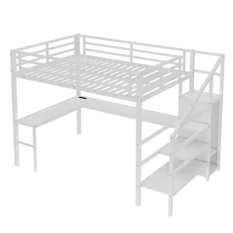 Lit mezzanine en métal pour lit double/grand lit avec bureau en L et port USB, cadre de lit mezzanine avec armoire, étagère réglable et lumières LED, noir/blanc cassé