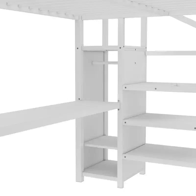 Lit mezzanine en métal pour lit double/grand lit avec bureau en L et port USB, cadre de lit mezzanine avec armoire, étagère réglable et lumières LED, noir/blanc cassé