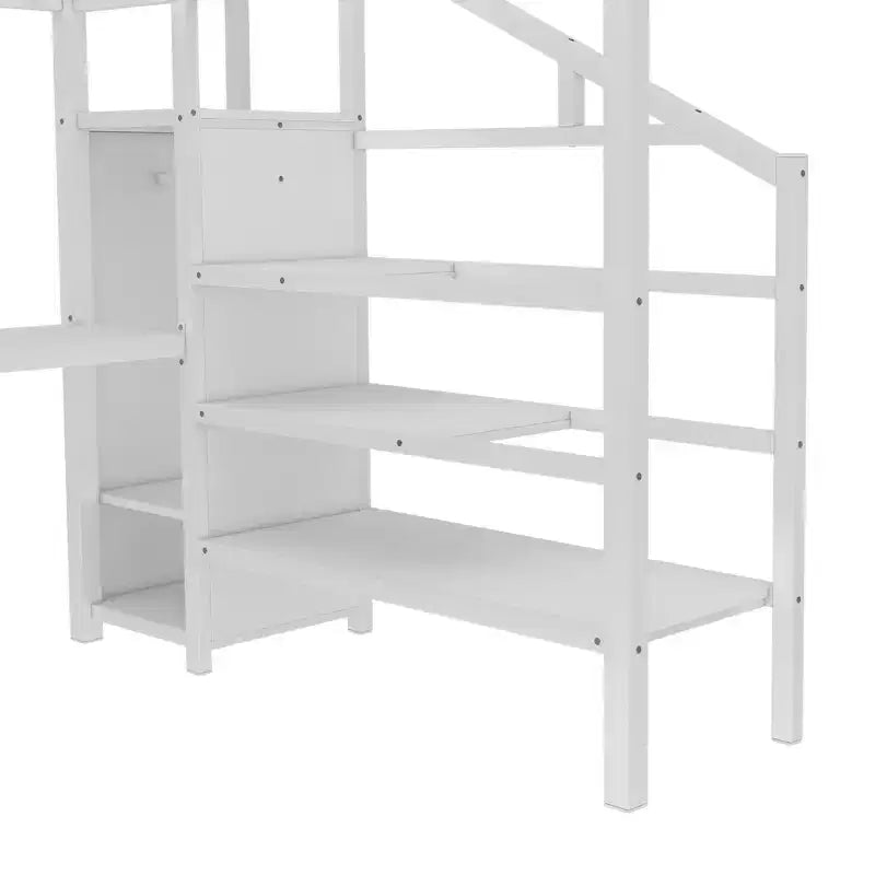 Lit mezzanine en métal pour lit double/grand lit avec bureau en L et port USB, cadre de lit mezzanine avec armoire, étagère réglable et lumières LED, noir/blanc cassé