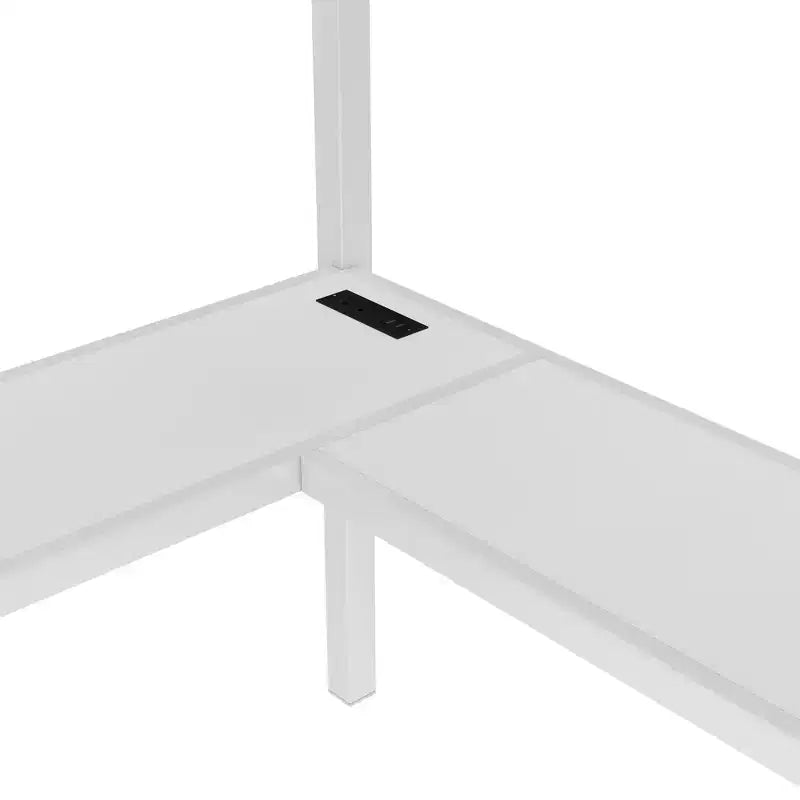 Lit mezzanine en métal pour lit double/grand lit avec bureau en L et port USB, cadre de lit mezzanine avec armoire, étagère réglable et lumières LED, noir/blanc cassé