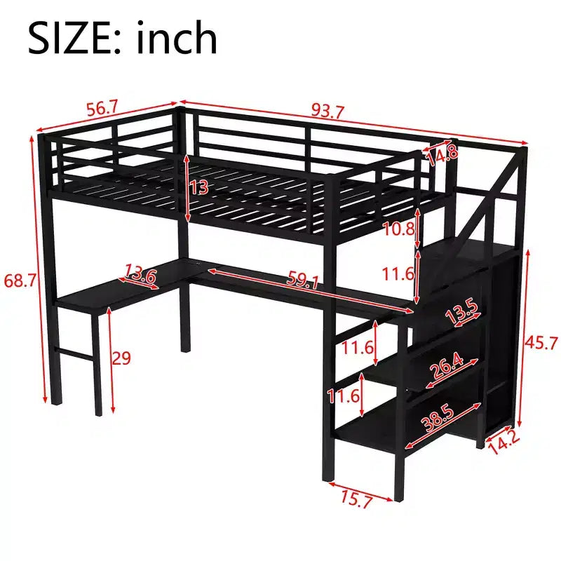 Lit mezzanine en métal pour lit double/grand lit avec bureau en L et port USB, cadre de lit mezzanine avec armoire, étagère réglable et lumières LED, noir/blanc cassé