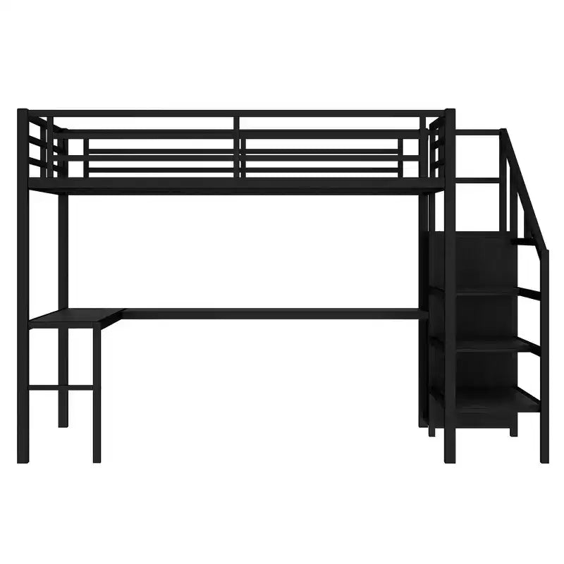 Lit mezzanine en métal pour lit double/grand lit avec bureau en L et port USB, cadre de lit mezzanine avec armoire, étagère réglable et lumières LED, noir/blanc cassé