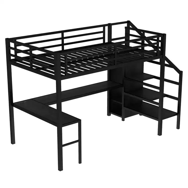 Lit mezzanine en métal pour lit double/grand lit avec bureau en L et port USB, cadre de lit mezzanine avec armoire, étagère réglable et lumières LED, noir/blanc cassé