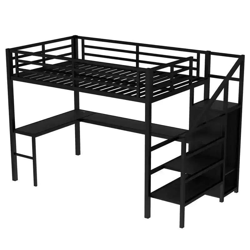 Lit mezzanine en métal pour lit double/grand lit avec bureau en L et port USB, cadre de lit mezzanine avec armoire, étagère réglable et lumières LED, noir/blanc cassé