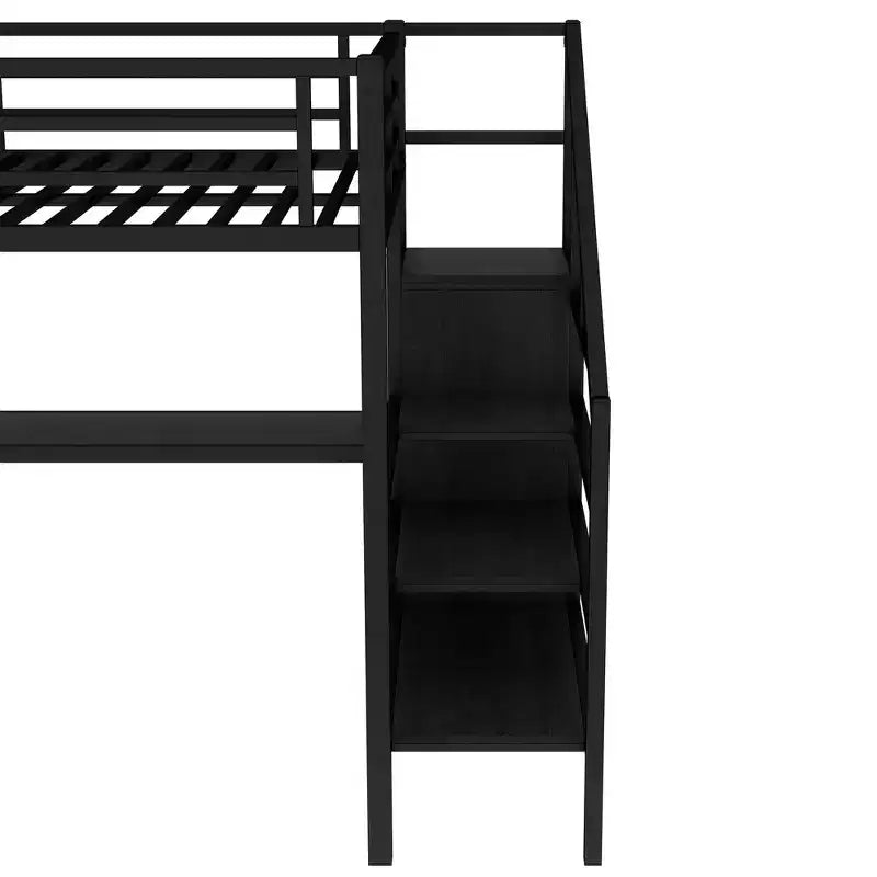Lit mezzanine en métal pour lit double/grand lit avec bureau en L et port USB, cadre de lit mezzanine avec armoire, étagère réglable et lumières LED, noir/blanc cassé