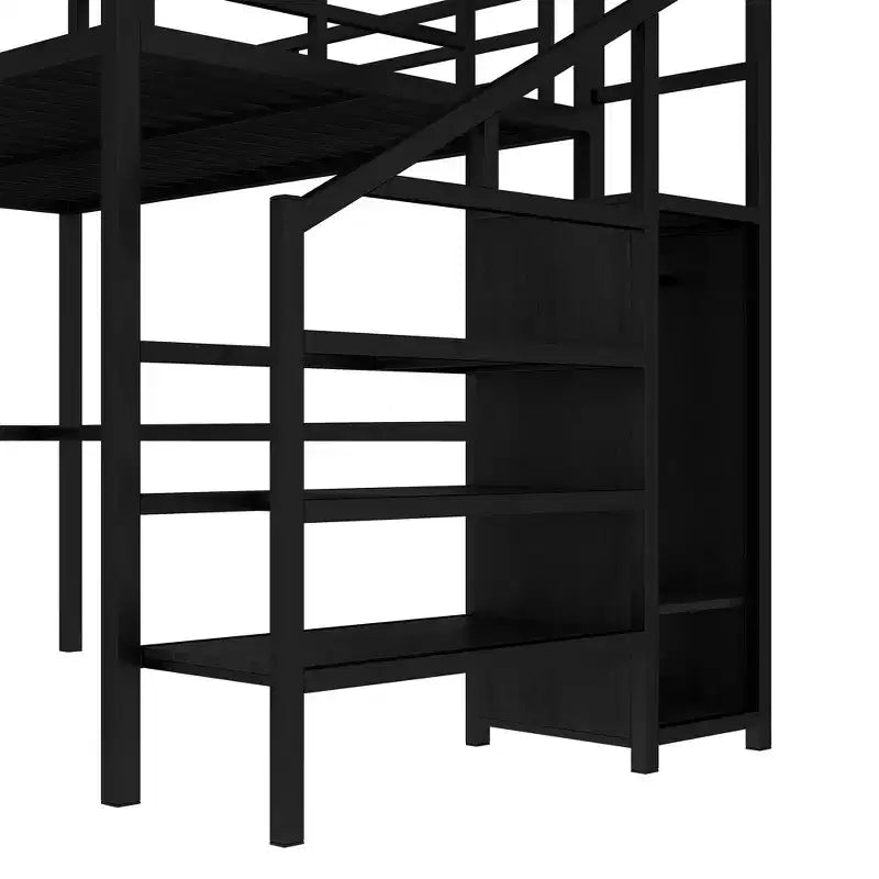 Lit mezzanine en métal pour lit double/grand lit avec bureau en L et port USB, cadre de lit mezzanine avec armoire, étagère réglable et lumières LED, noir/blanc cassé